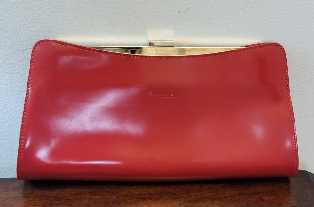 FURLA Red Clutch Luxury Bag with Metal Strap